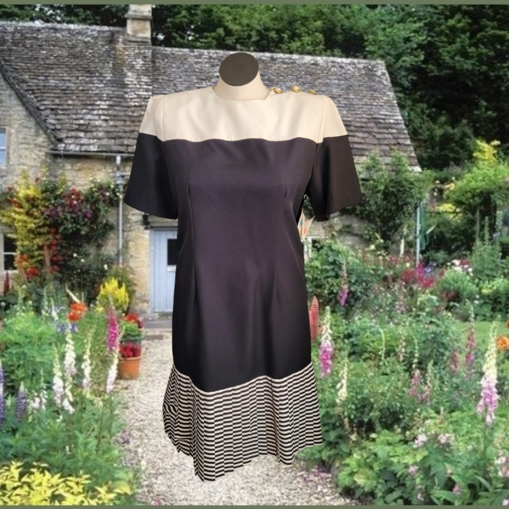 Vintage 80s Black and White Drop Waist Dress